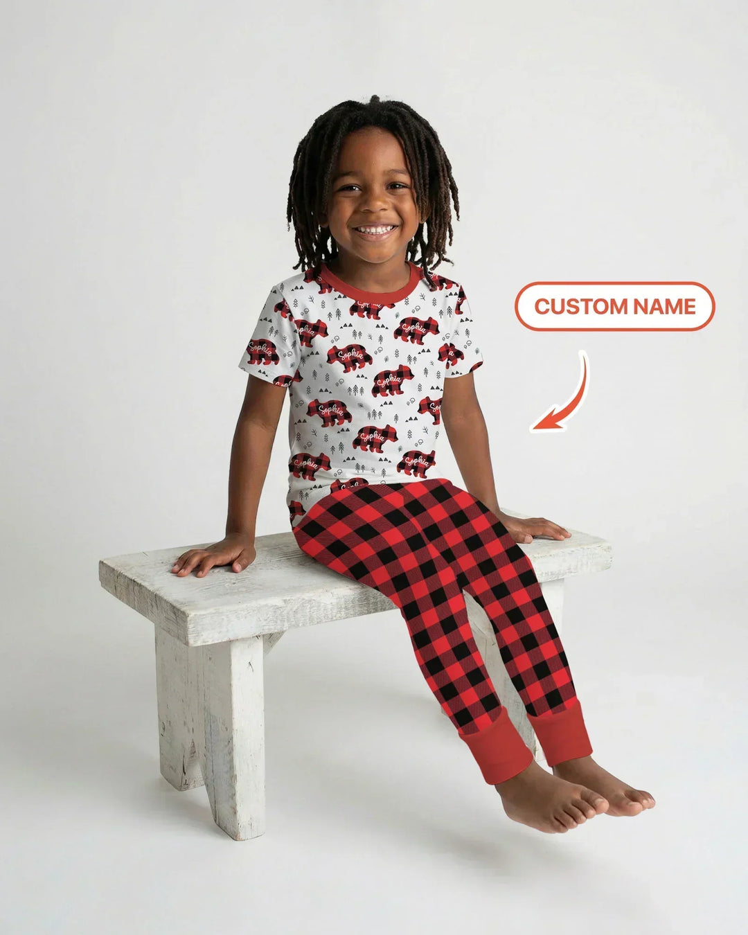 Pijama de dos piezas de bambú de manga corta a juego con osos de familia con nombre personalizado