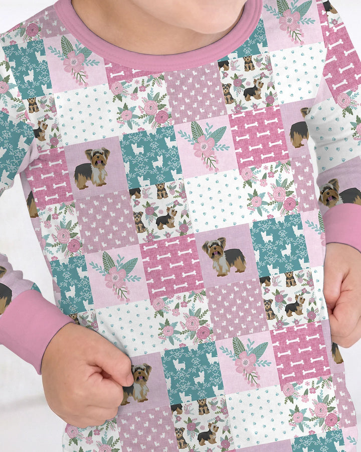 Floral Yorkie Grace Two Piece Long Sleeve Pajama Set