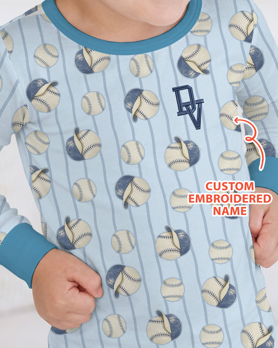 Custom Embroidered Baseball Bamboo Two Piece Long Sleeve Pajama Set