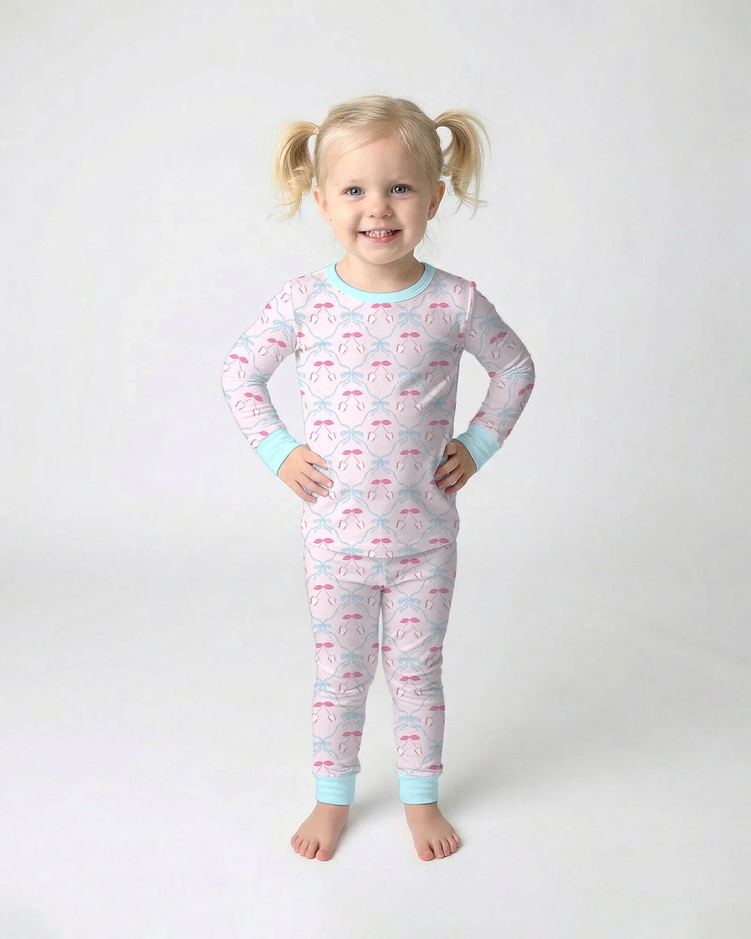 Cherry Baseball Softball Mom and Girl Matching Bamboo Two Piece Long Sleeve Pajama Set