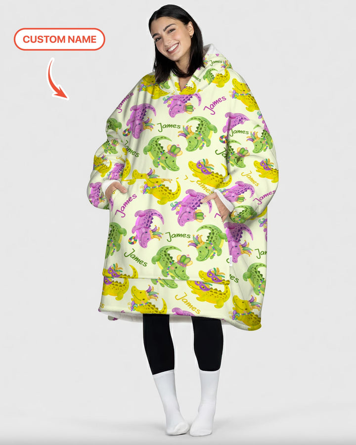 Custom Name Mardi Gras Alligator Wearable Blanket Hoodie