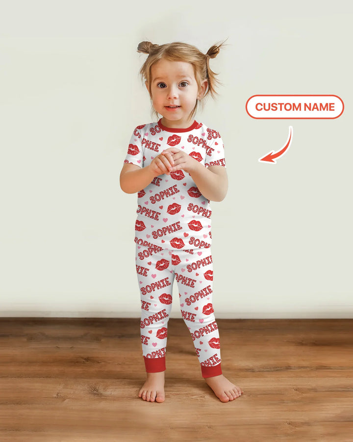 Custom Name Valentine Kiss Two Piece Short Sleeve Pajama Set