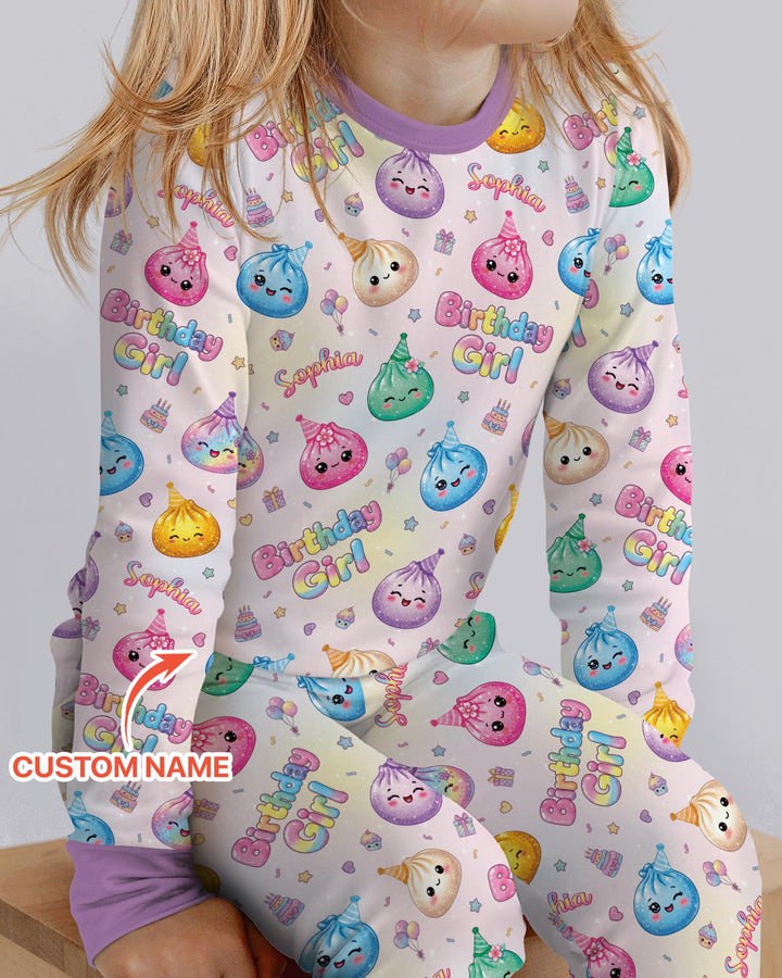 Custom Name Glitter Dumpling Birthday Girl Bamboo Two Piece Long Sleeve Pajama Set