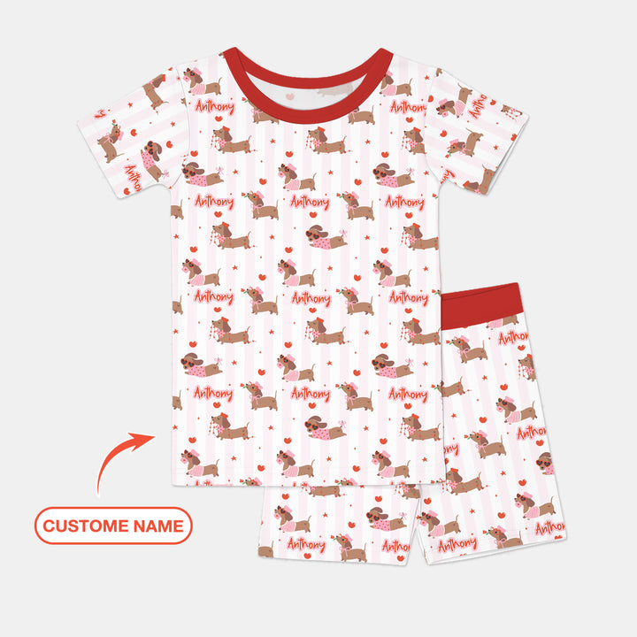 Custom Name Valentine Dachshund Family Matching Two Piece Short Sleeve Shorts Pajama Set