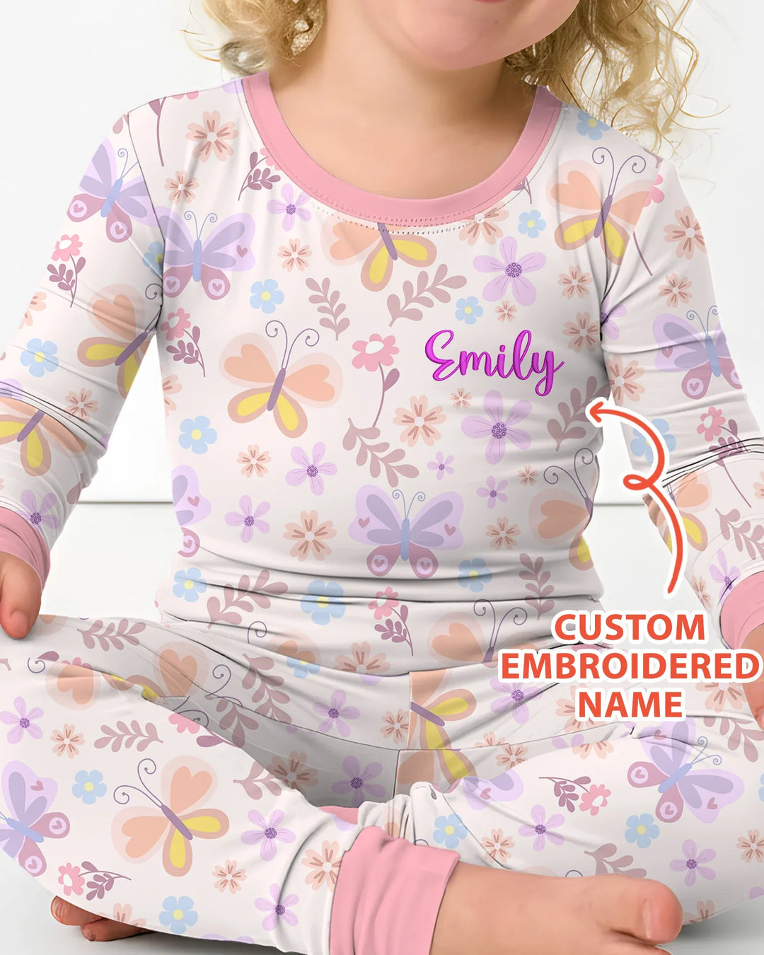 Custom Embroidered Name Butterfly Bamboo Two Piece Long Sleeve Pajama Set