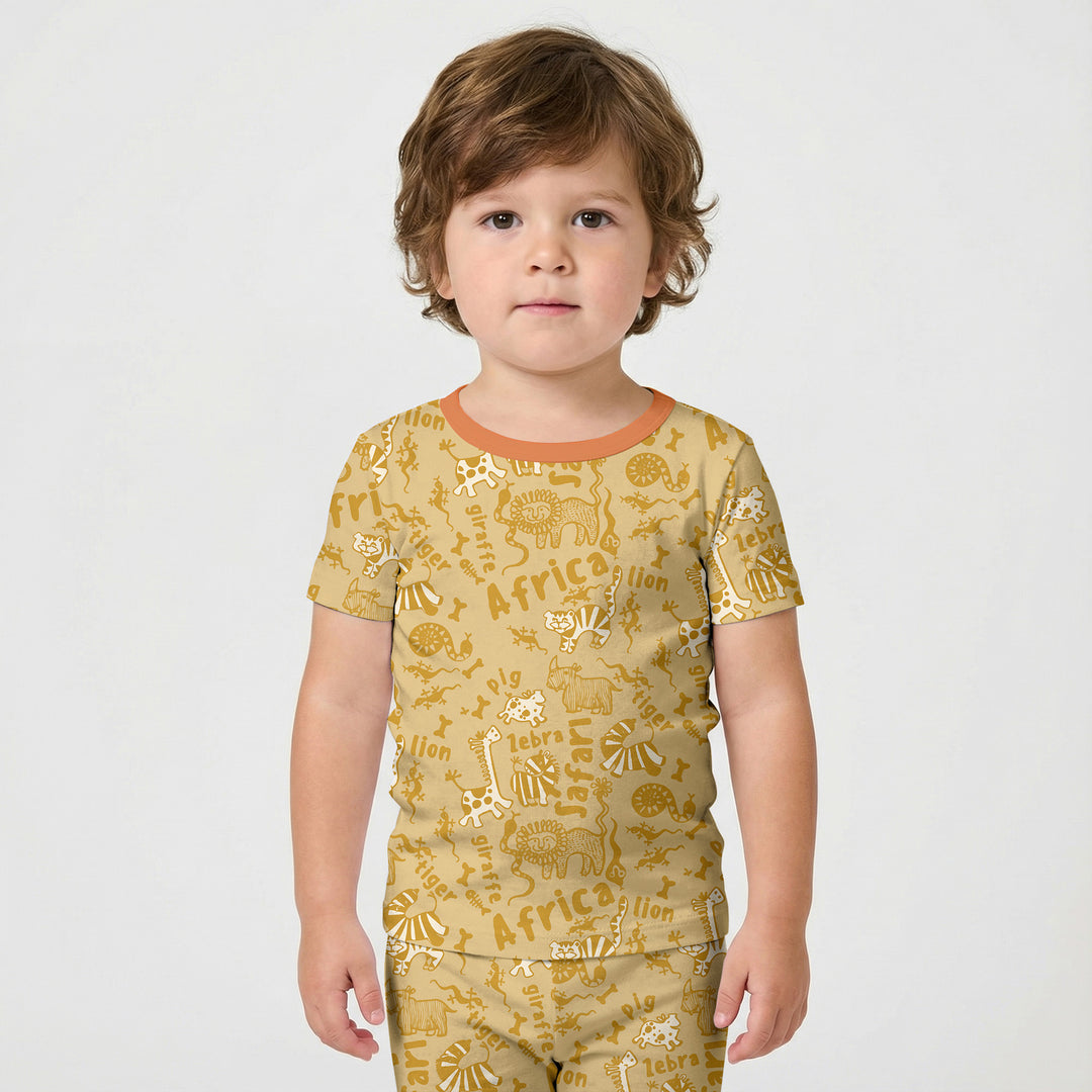 Handdrawn African Animals Two Piece Short Sleeve Shorts Pajama Set