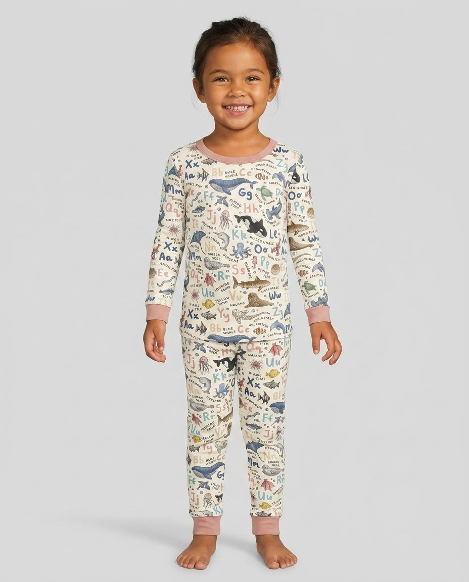 Ocean Animal Alphabet Bamboo Two Piece Long Sleeve Pajama Set