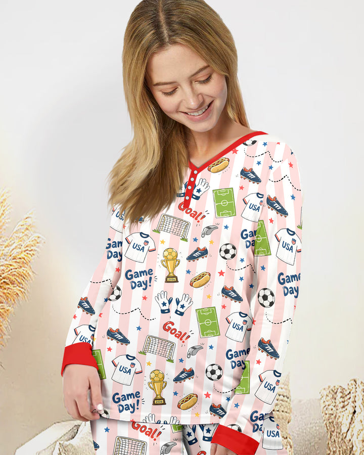Striped Soccer Game Day Family Matching Bamboo Women Pajama Set