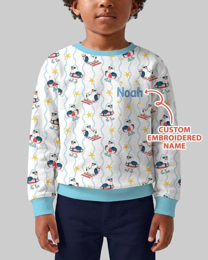Sudadera de cuello redondo de bambú personalizada con gaviota de verano bordada para bebé