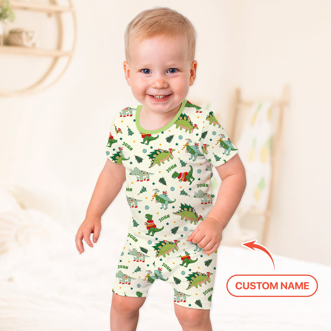 Custom Name Dinosaurs Christmas Tree Two Piece Short Sleeve Shorts Pajama Set