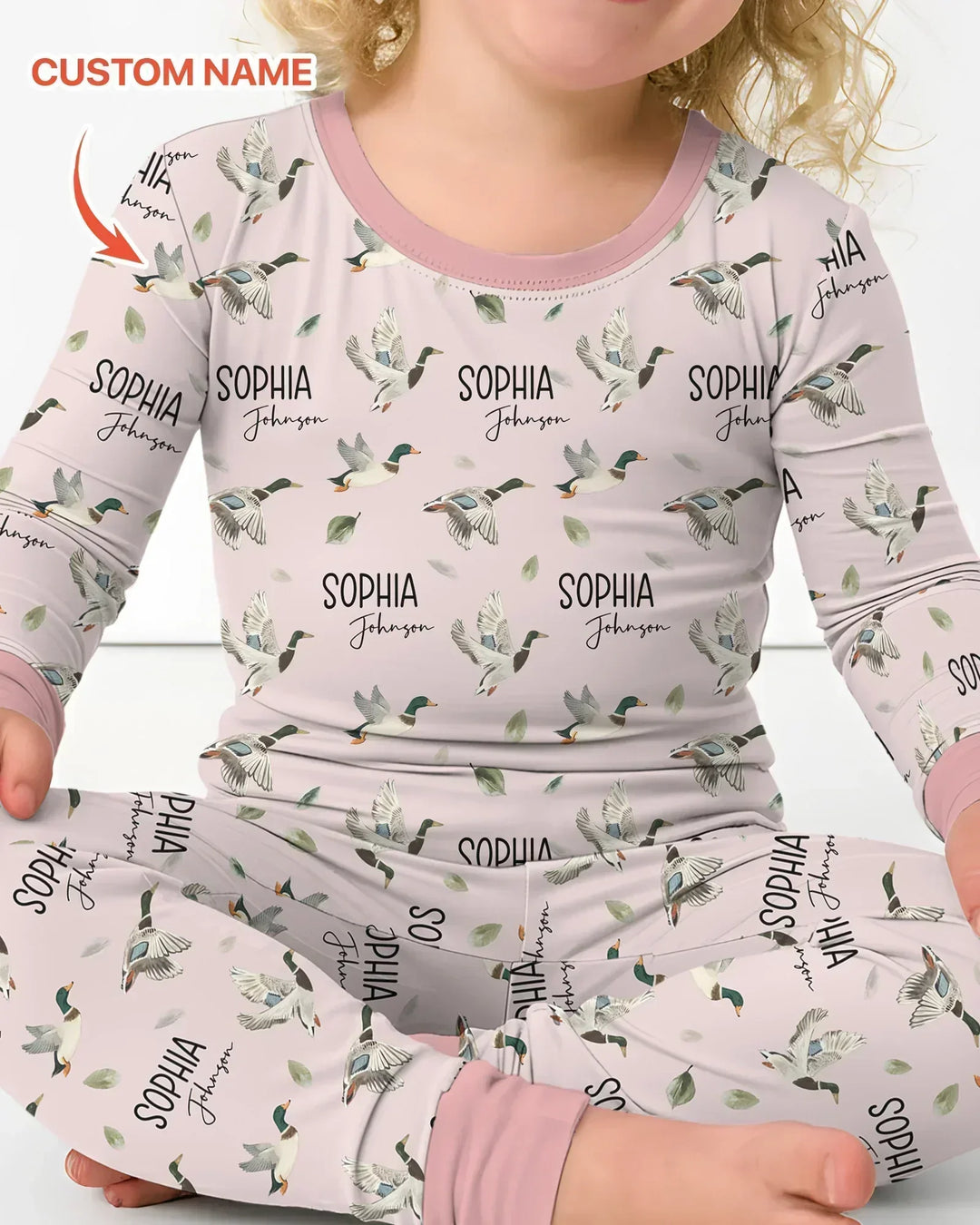 Pijama de dos piezas de bambú de manga larga para bebé con nombre personalizado, diseño de pato ánade real