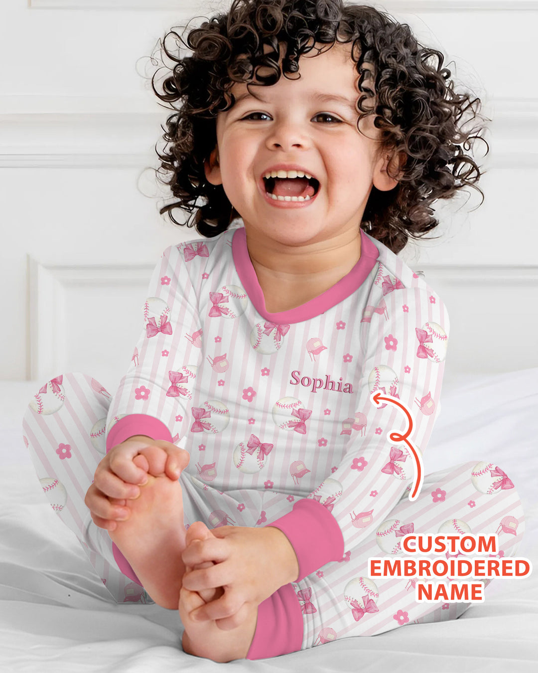 Custom Embroidered Name Baseball Girl Bamboo Two Piece Long Sleeve Pajama Set