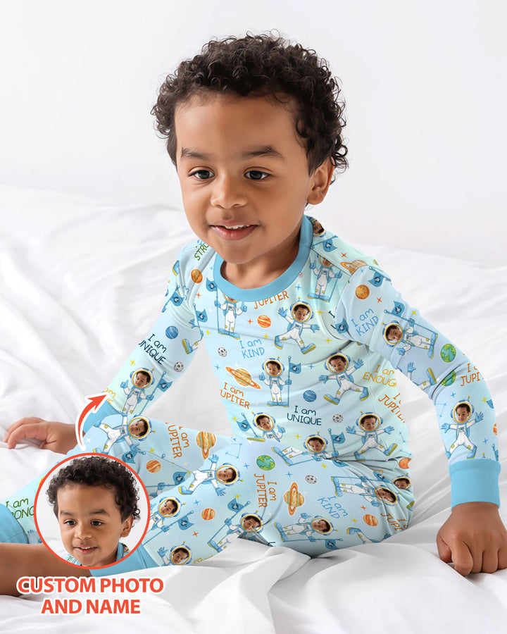 Custom Photo Kid Affirmations I Am Kind Astronaut Bamboo Two Piece Long Sleeve Pajama Set