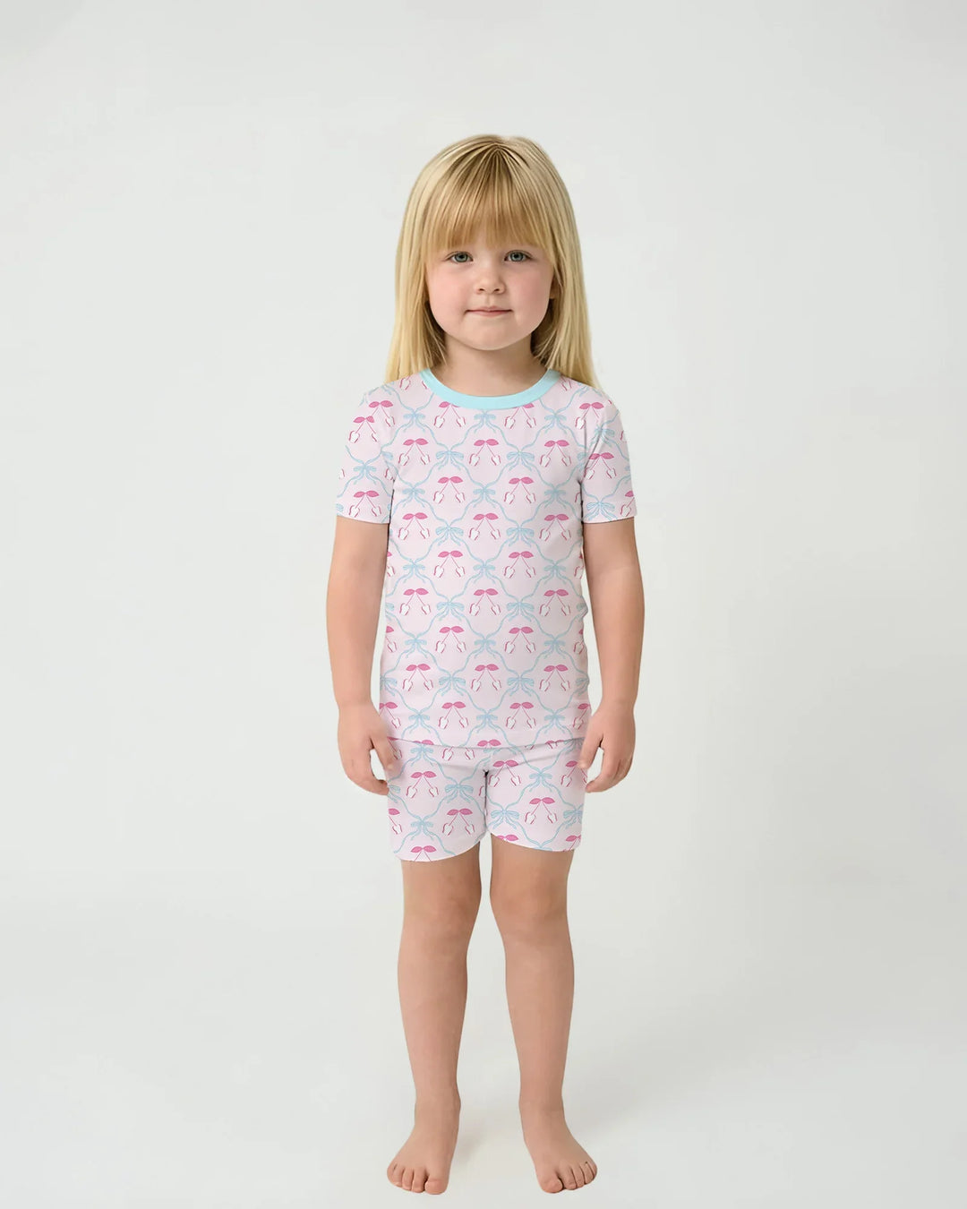 Pijama de dos piezas de bambú de manga corta con pantalones cortos a juego para madre e hija, diseño de béisbol y sóftbol de cerezas