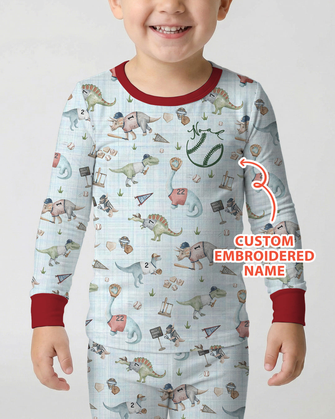 Custom Embroidered Dinosaurs Baseball  Bamboo Two Piece Long Sleeve Pajama Set