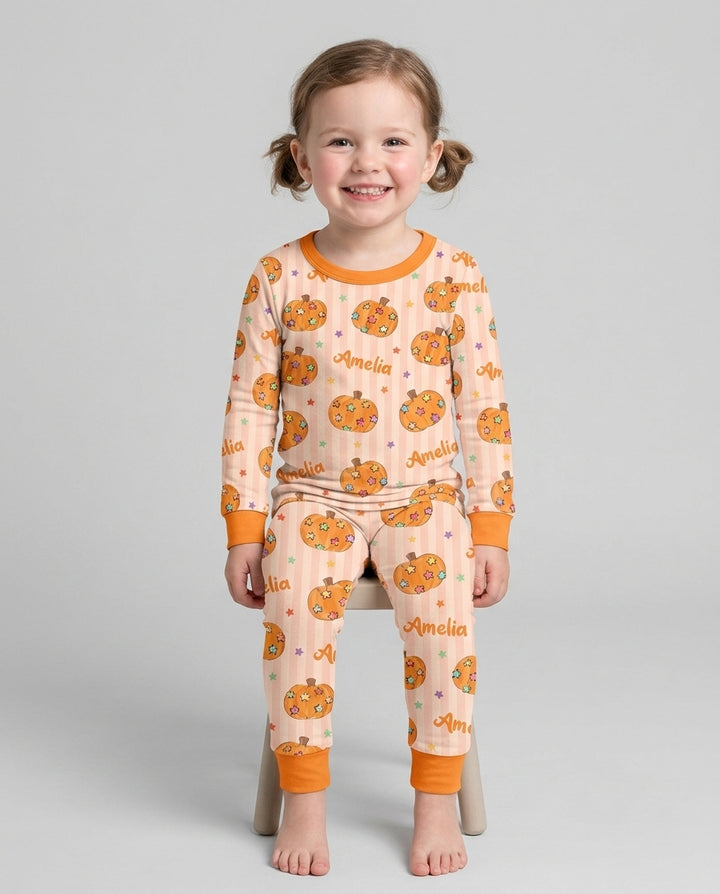 Colorful Star Pumpkin Custom Name Bamboo Two Piece Long Sleeve Pajama Set