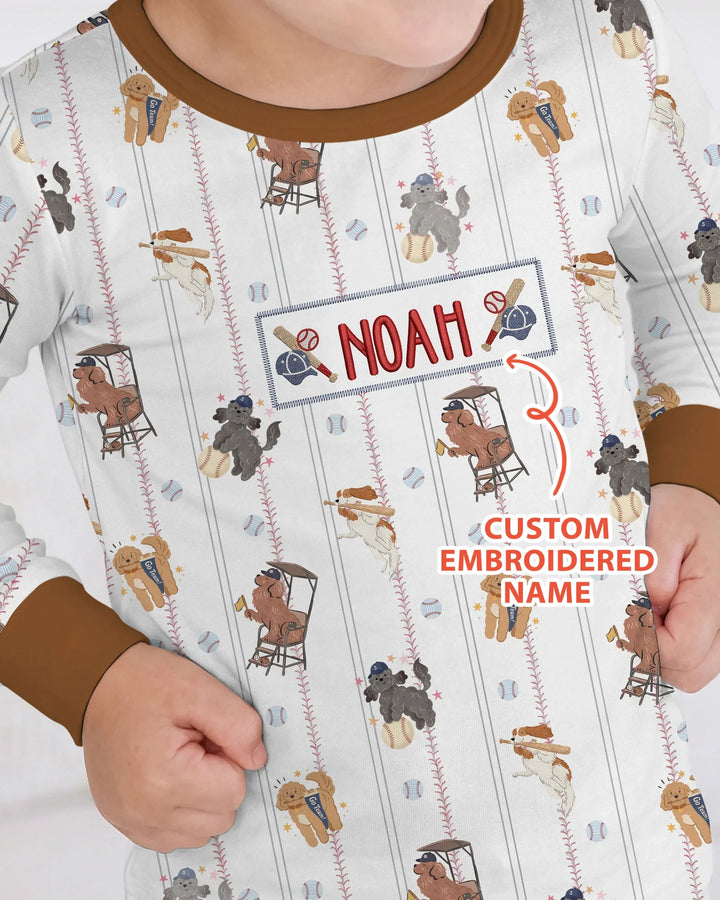 Custom Embroidered Name Baseball Bamboo Two Piece Long Sleeve Pajama Set