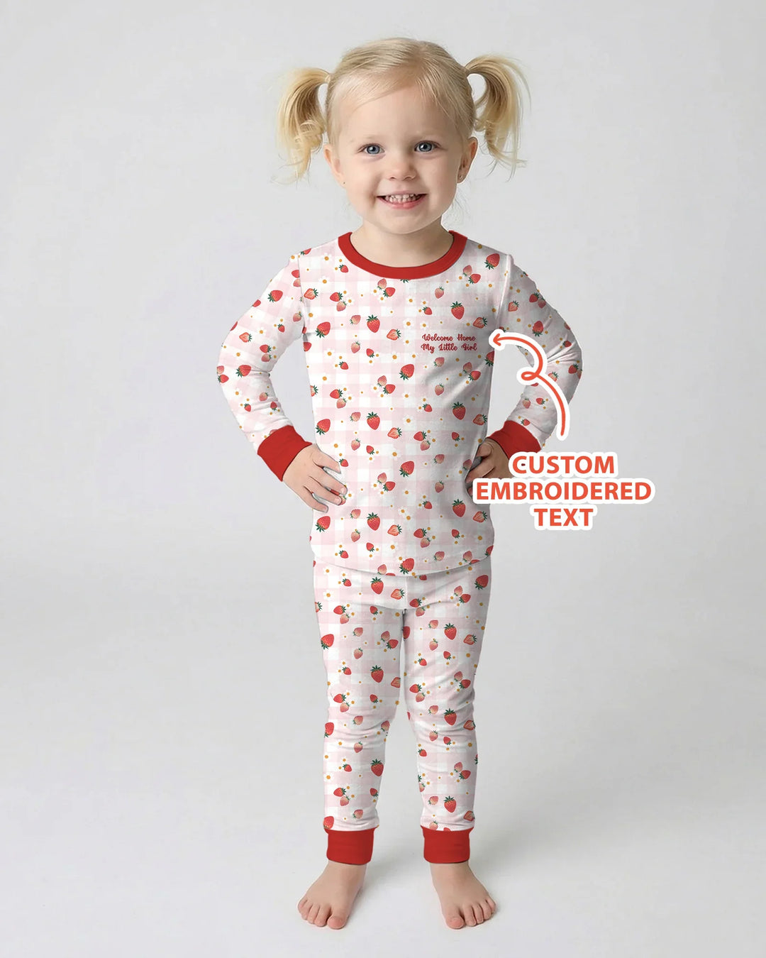Conjunto de pijama de dos piezas de bambú con bordado de fresas y texto personalizado de manga larga
