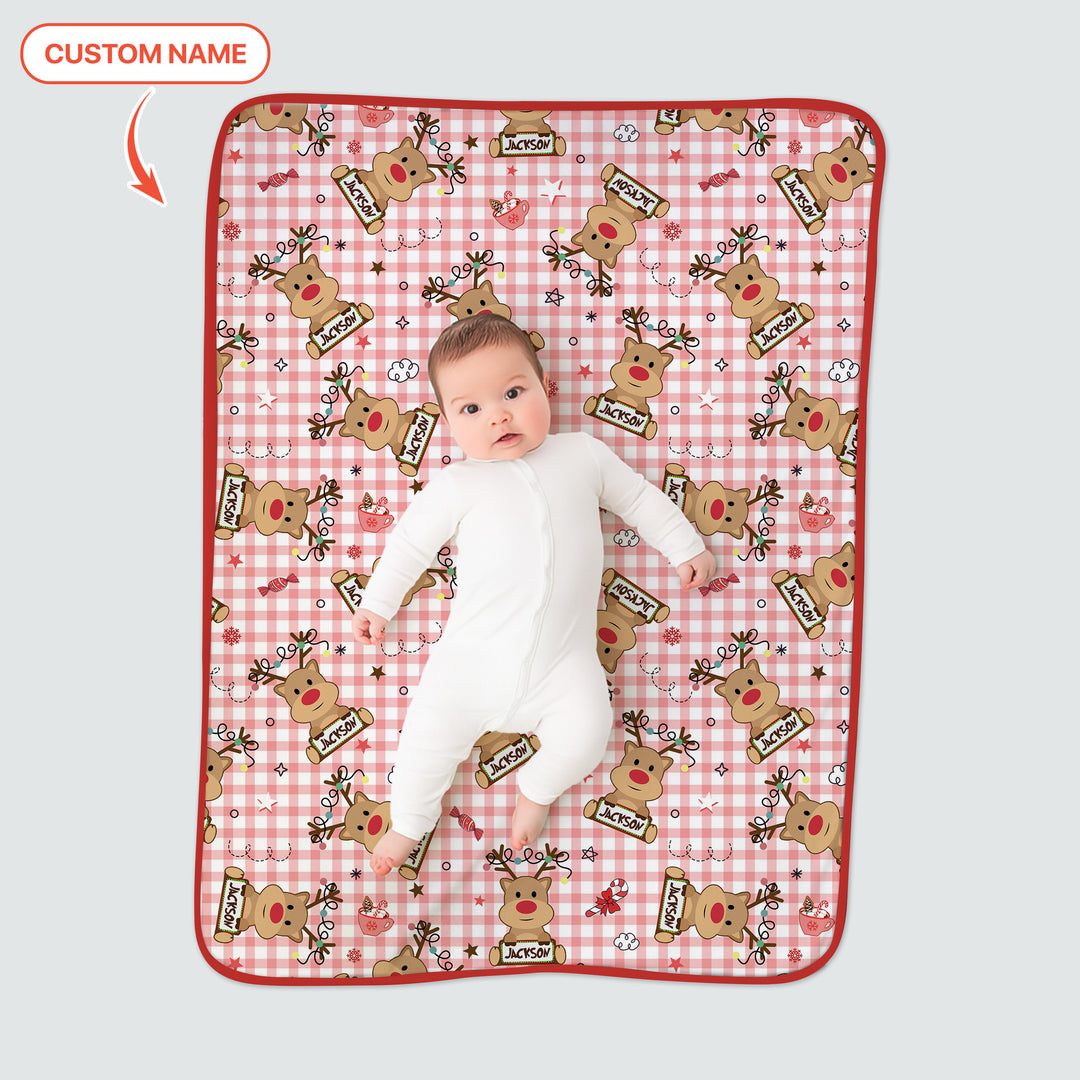 Custom Name Reindeer Gingham Toddler Blanket
