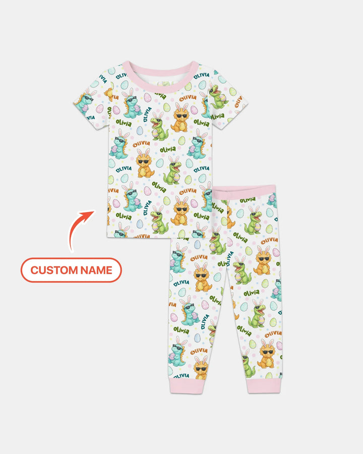 Custom Name Dinosaur on the Hunt Two Piece Short Sleeve Pajama Set