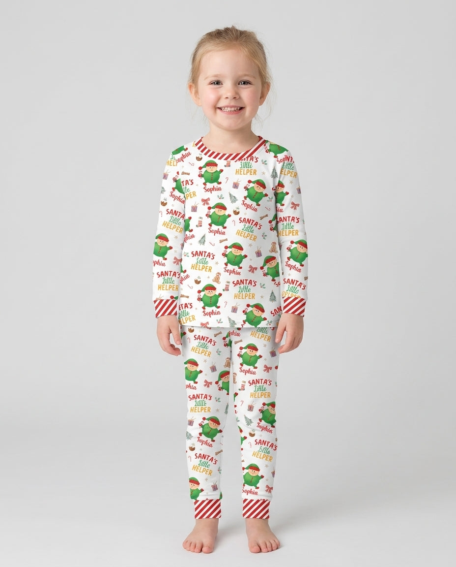 Custom Name Santa's Little Helper Bamboo Two Piece Long Sleeve Pajama Set