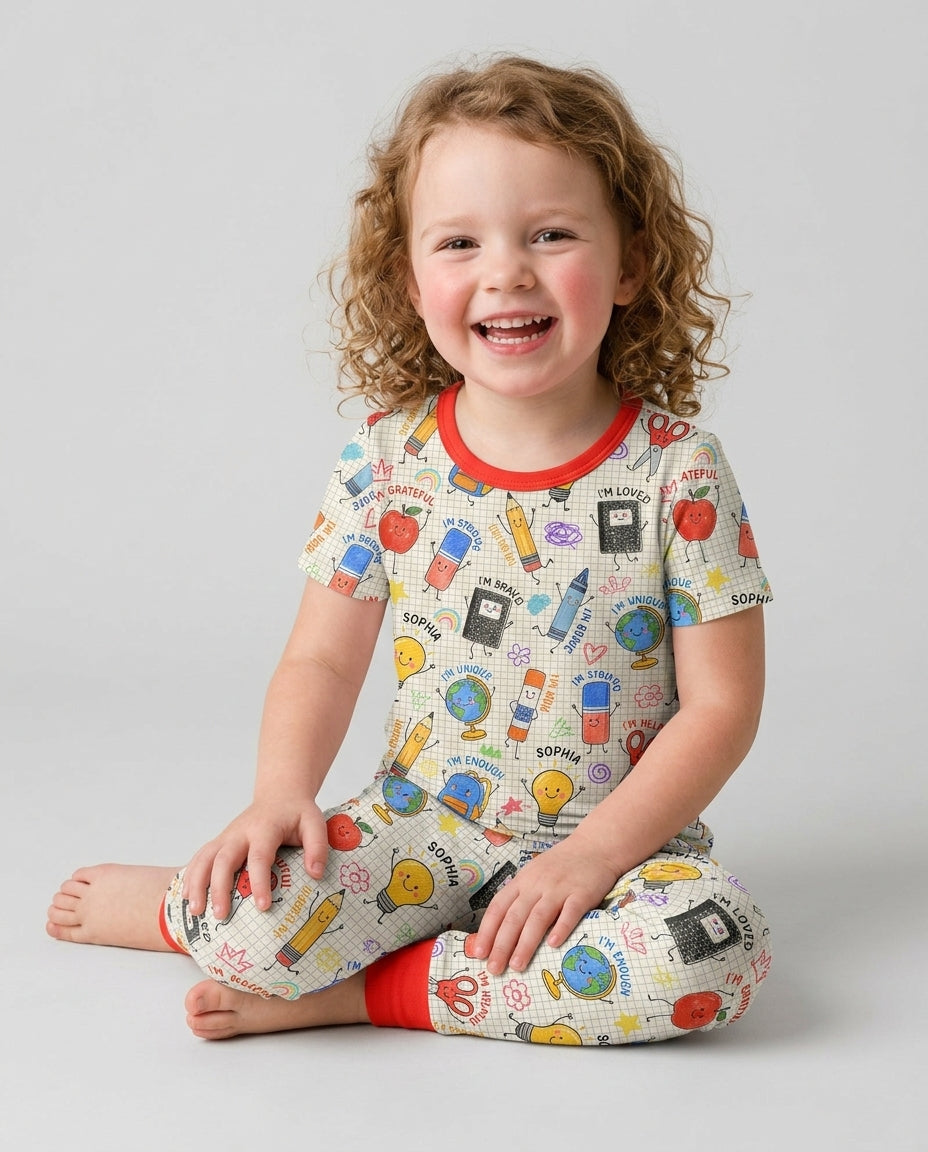 School Squad Custom Name Bamboo Two Piece Short Sleeve Pajama Set