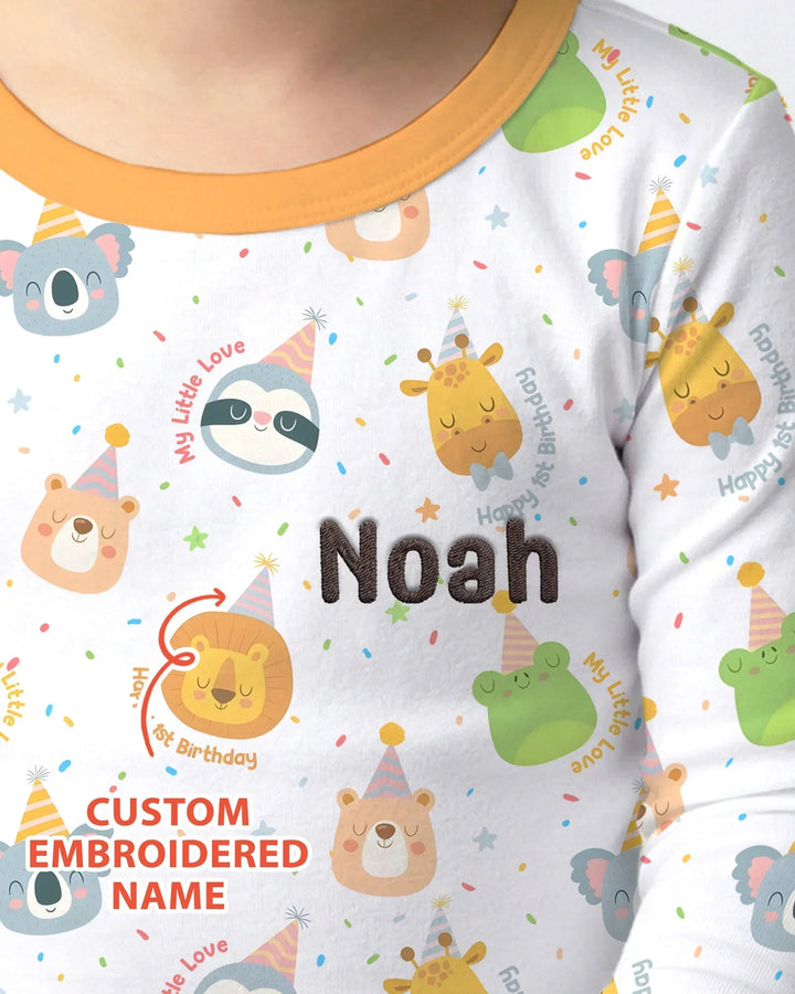 1st Birthday Personalized Embroidered Baby Bamboo Two Piece Long Sleeve Pajama Set