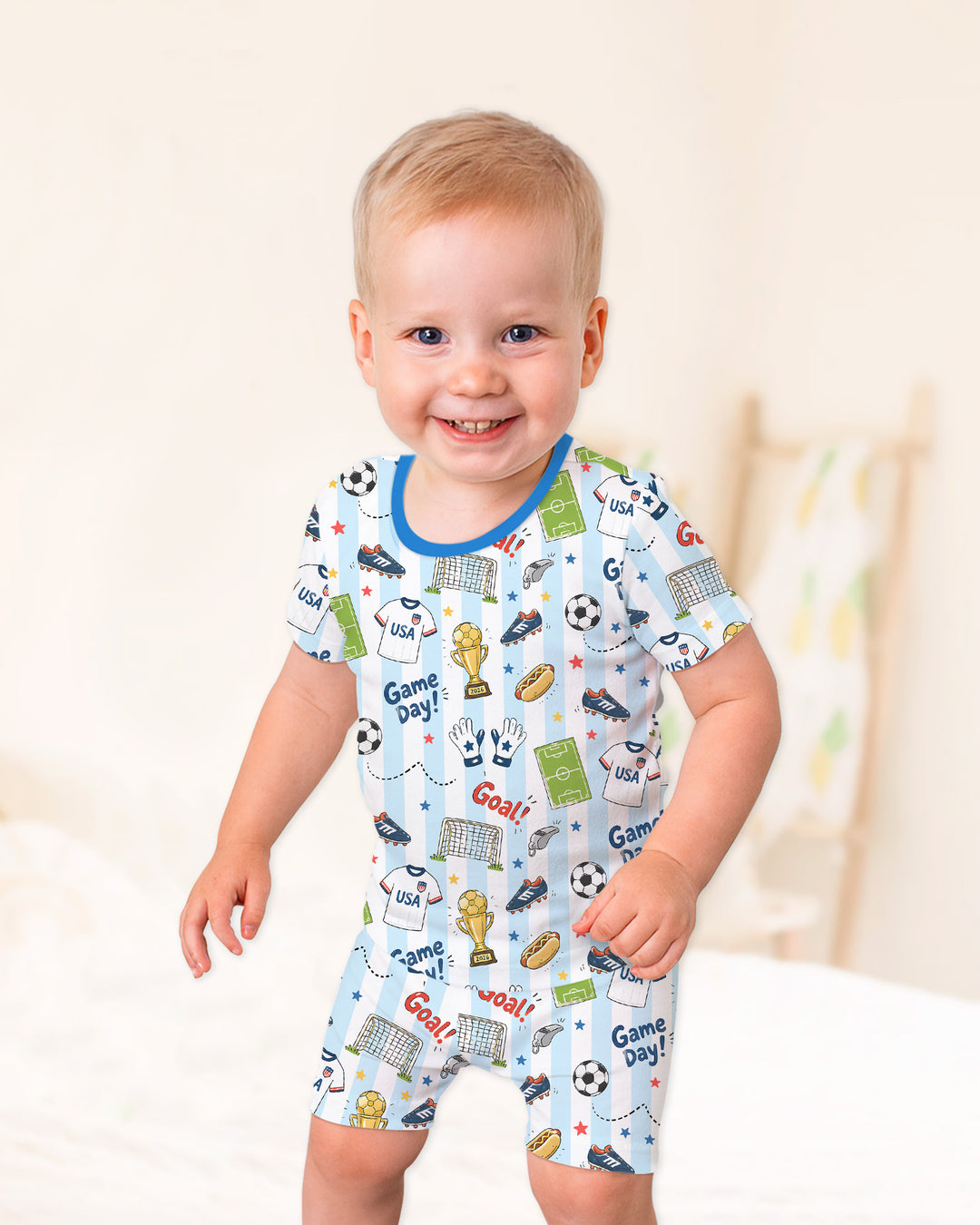 Striped Soccer Game Day Family Matching Bamboo Two Piece Short Sleeve Shorts Pajama Set