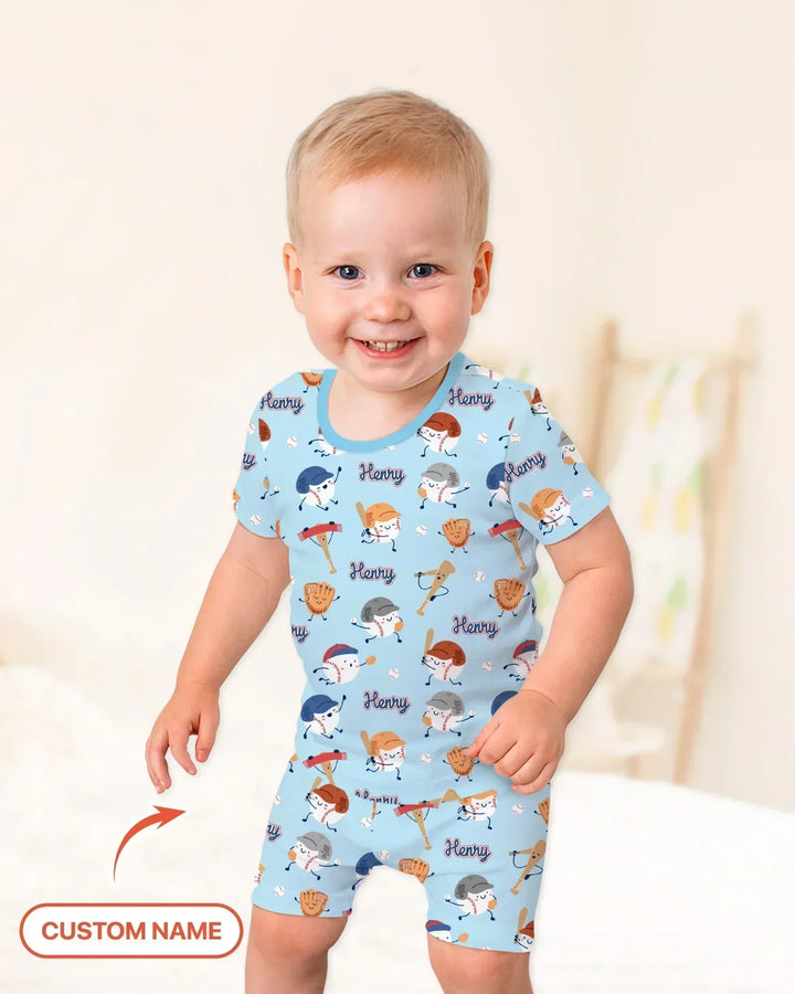 Custom Name Ballparl Family Matching Bamboo Two Piece Short Sleeve Shorts Pajama Set