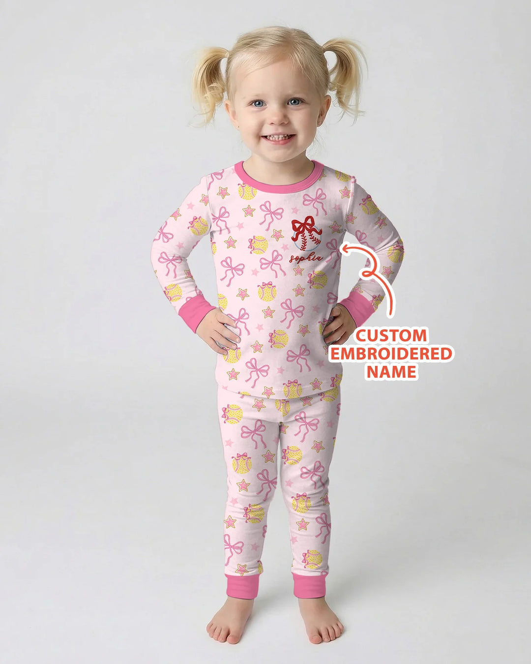 Custom Embroidered Softball Bow Baby Bamboo Two Piece Long Sleeve Pajama Set