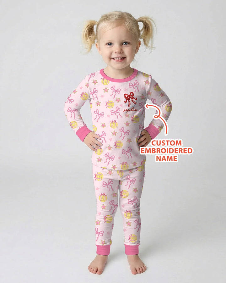 Custom Embroidered Softball Bow Baby Bamboo Two Piece Long Sleeve Pajama Set