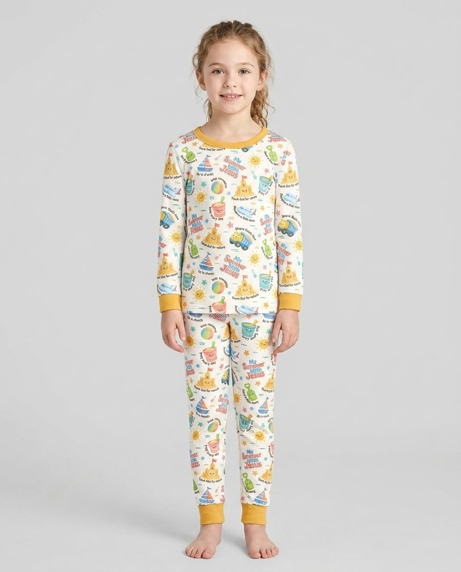 Colorful Summer Beach With Jesus Bamboo Two Piece Long Sleeve Pajama Set