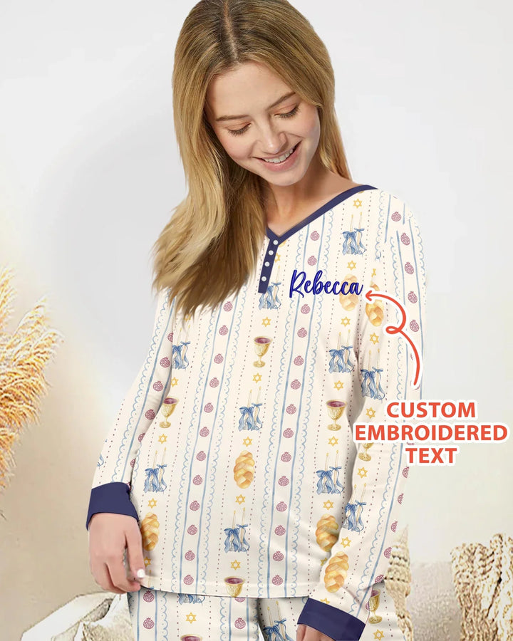 Personalisierter, bestickter Shabbat-Pyjama für Damen aus Bambus im Partnerlook mit Mama