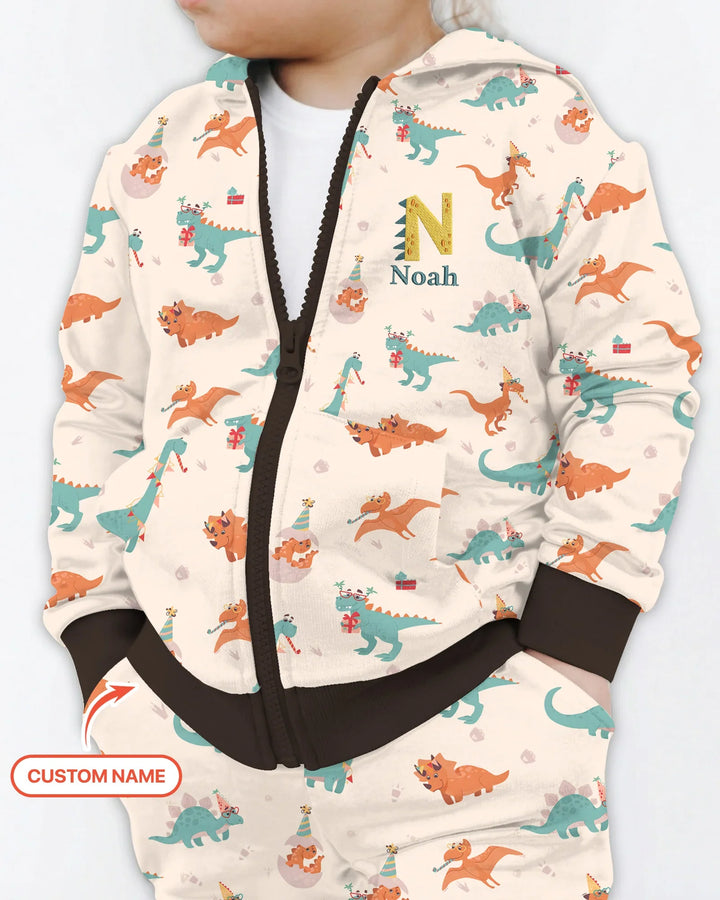 Sudadera con capucha de bambú con cremallera y nombre bordado personalizado con dinosaurios