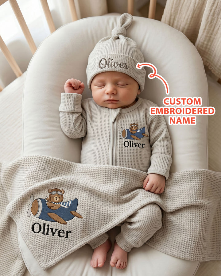 Personalized Pilot Bear Embroidered Waffle Bamboo Zipper Footie