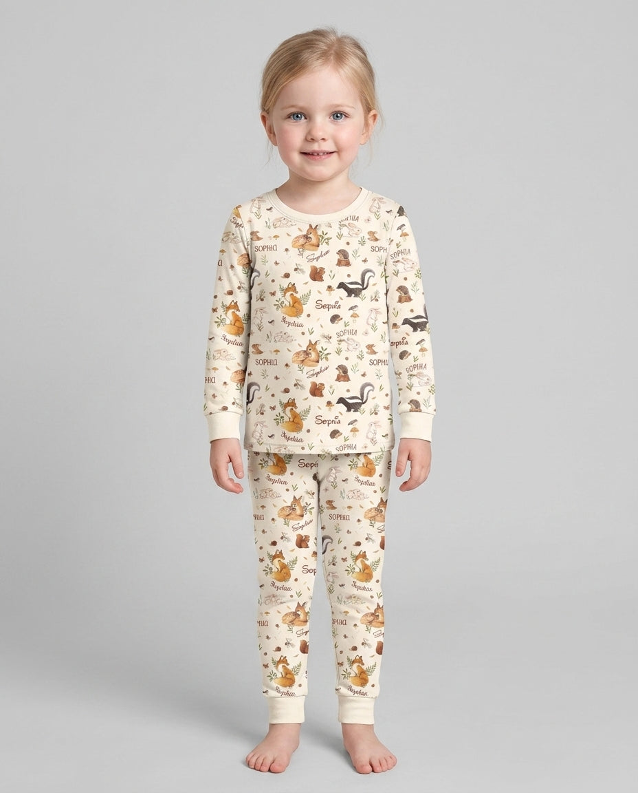 Custom Name Woodland Friends Bamboo Two Piece Long Sleeve Pajama Set