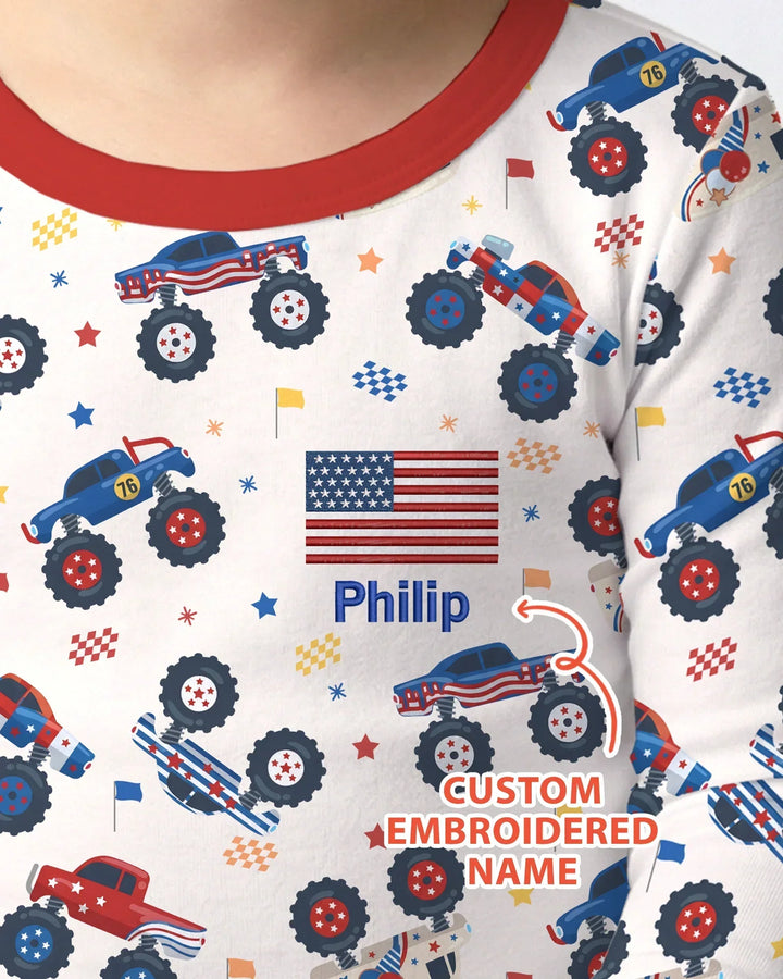 Custom Name Embroidered Red White & Truck Bamboo Two Piece Long Sleeve Pajama Set