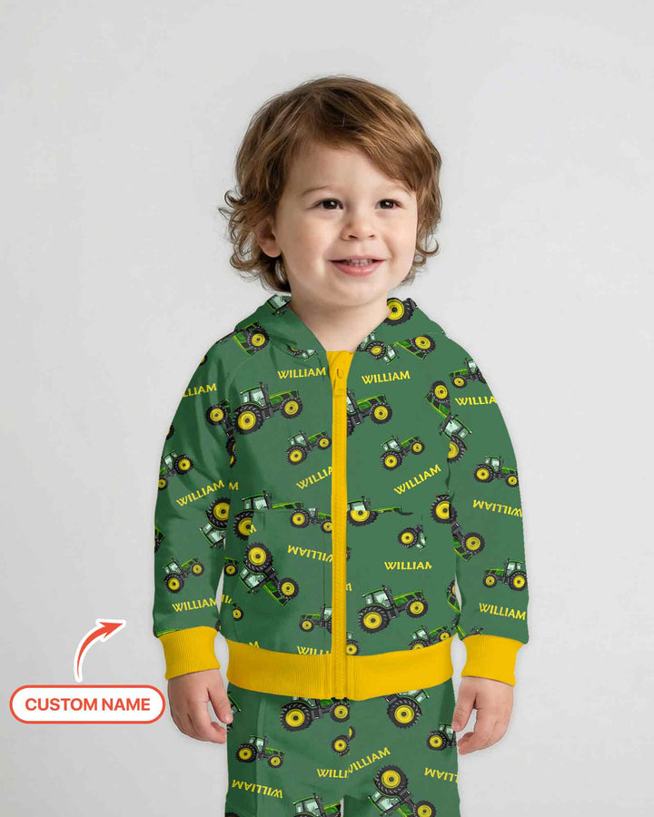 Custom Name Green Tractors Matching Daddy & Me Bamboo Zip Hoodie