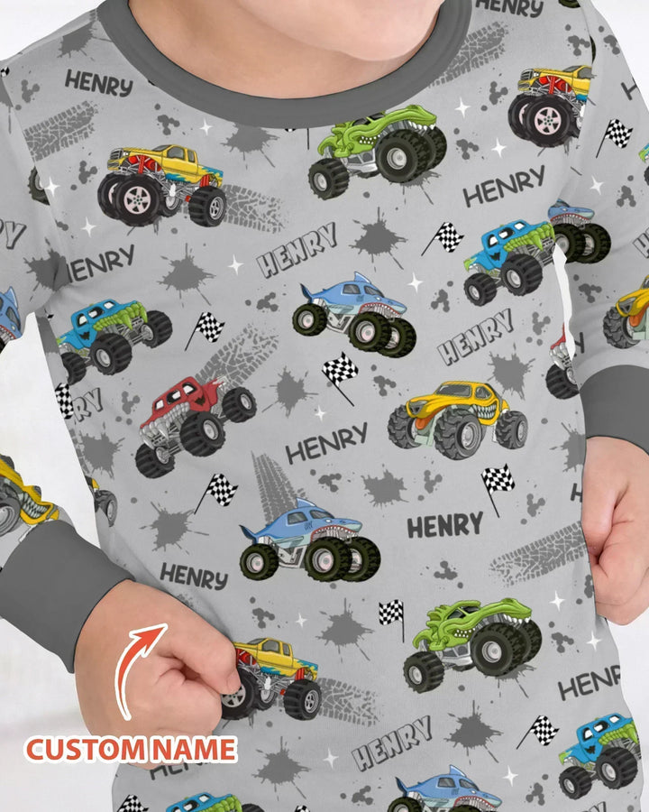 Monster Truck Dirt Jam Custom Name Daddy & Me Matching Two Piece Long Sleeve Pajama Set