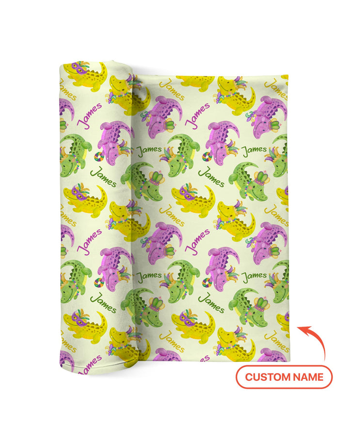 Custom Name Mardi Gras Alligator Swaddle Blanket