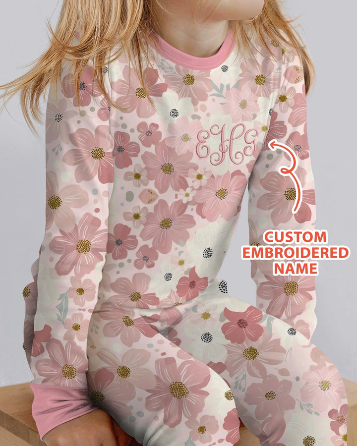 Pijama de dos piezas de manga larga de bambú floral con nombre bordado personalizado