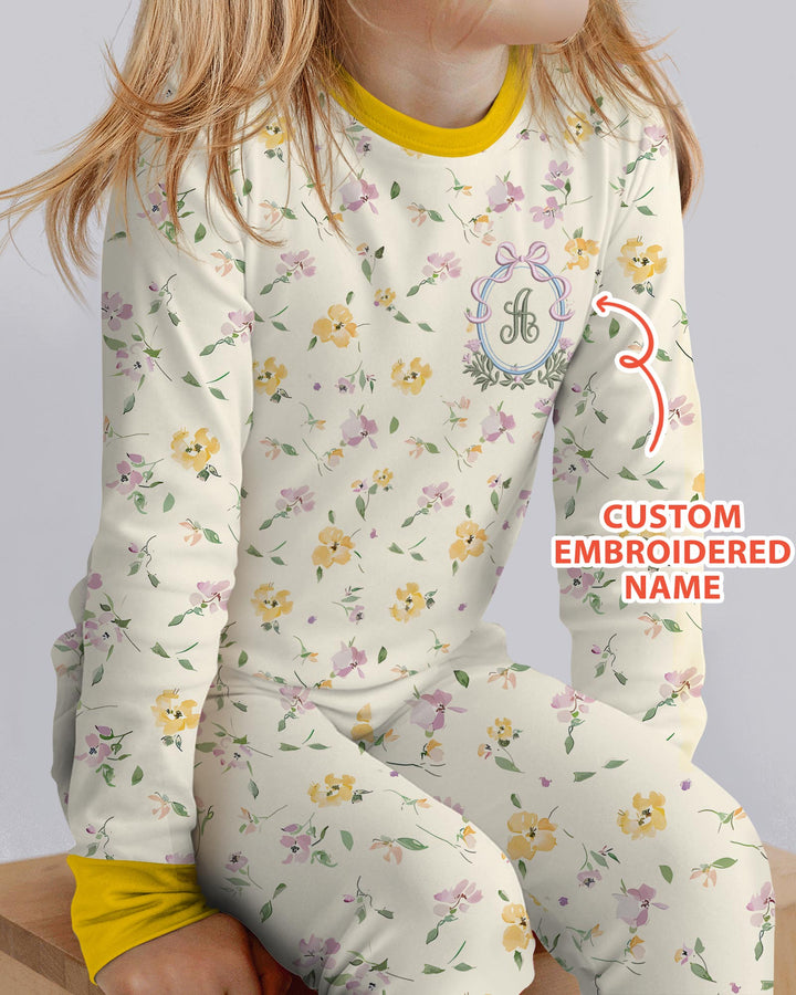 Custom Embroidered Name Floral Bamboo Two Piece Long Sleeve Pajama Set