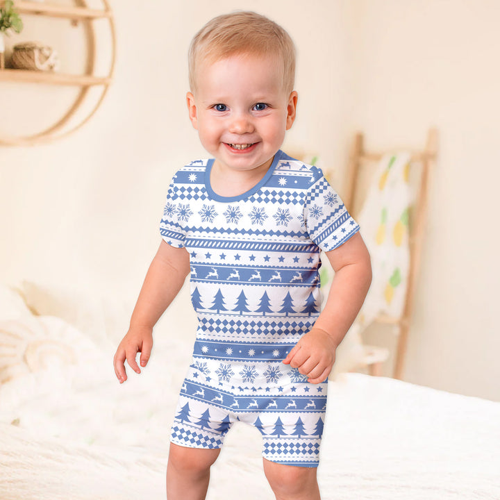 Blue Fair Isle Two Piece Short Sleeve Shorts Pajama Set