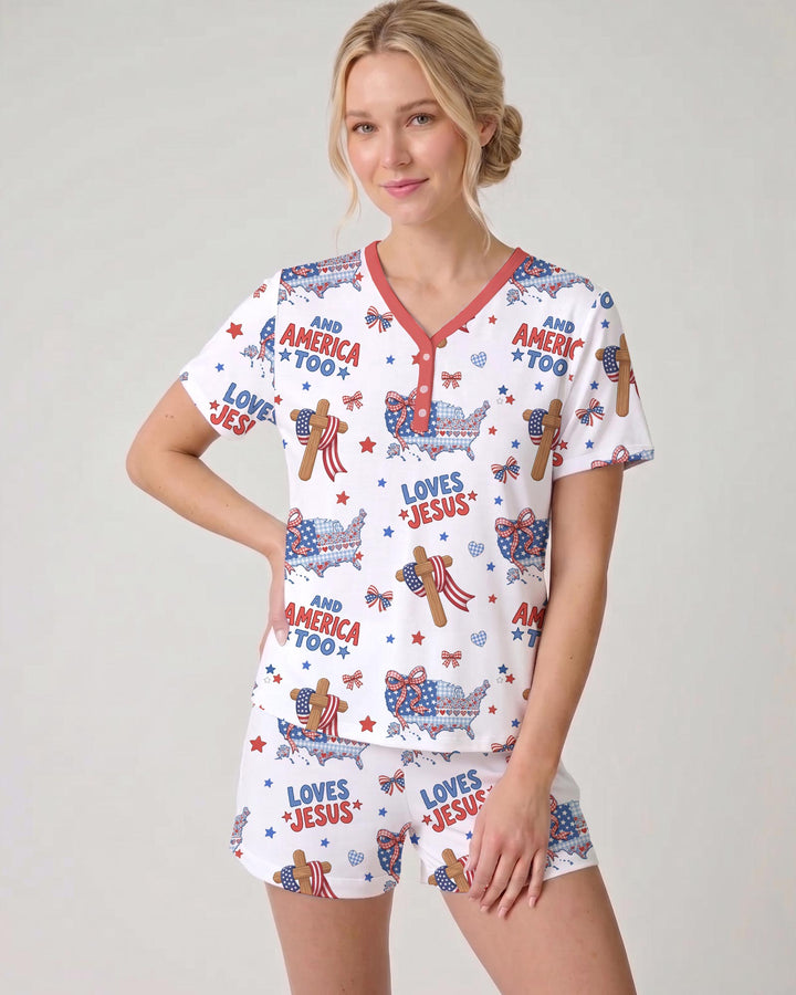 Loves Jesus And America Too Bamboo Women Short Sleeve Short Pajama Set