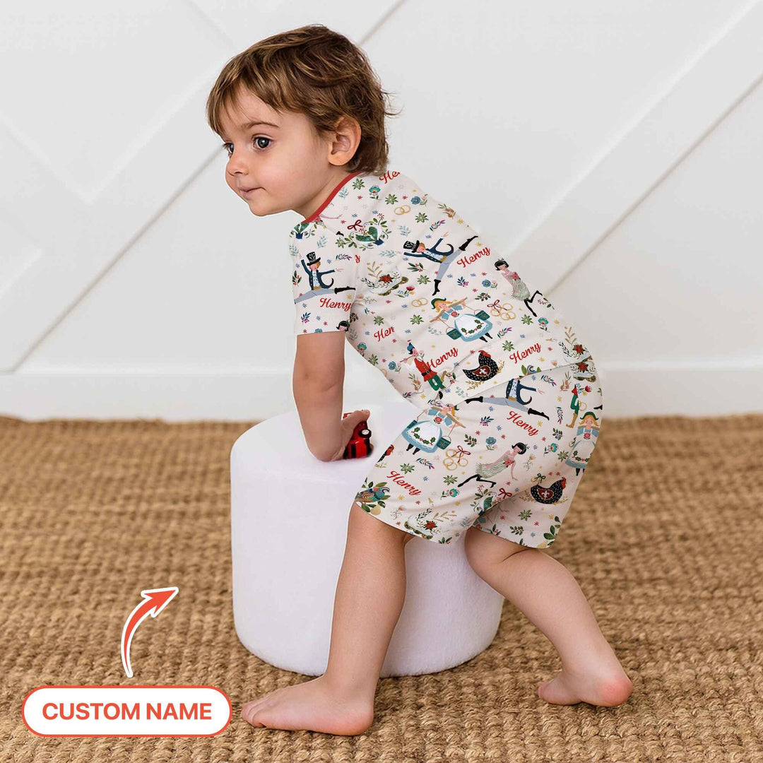 12 Days Of Christmas Custom Name Two Piece Short Sleeve Shorts Pajama Set , 12 Days Of Christmas Custom Name Two Piece Short Sleeve Shorts Pajama Set - 12-18M / Girl