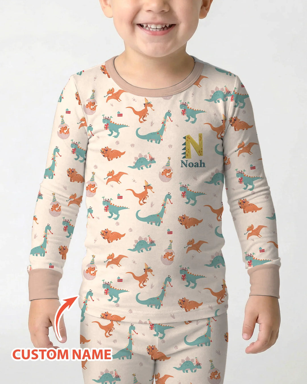 Pijama de dos piezas de bambú con nombre bordado personalizado de dinosaurios y manga larga