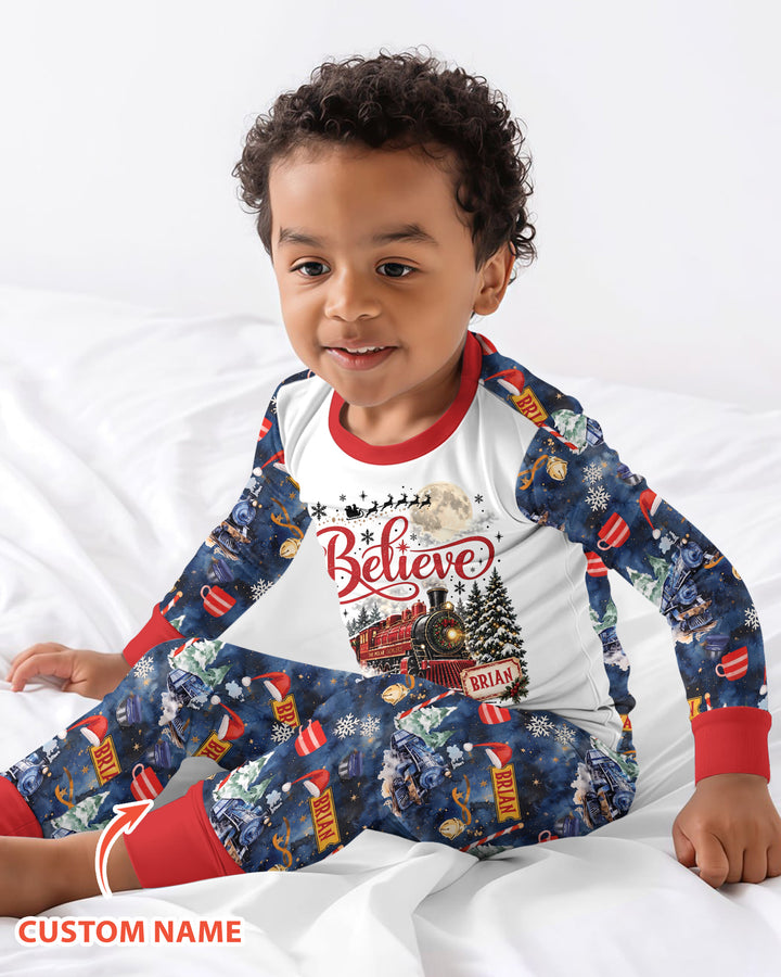 Believe North Pole Train Custom Name  Bamboo Two Piece Long Sleeve Pajama Set