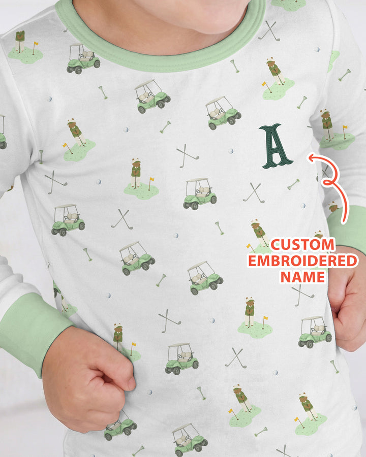Custom Embroidered Name Monogram Letter Golf Two Piece Long Sleeve Pajama Set
