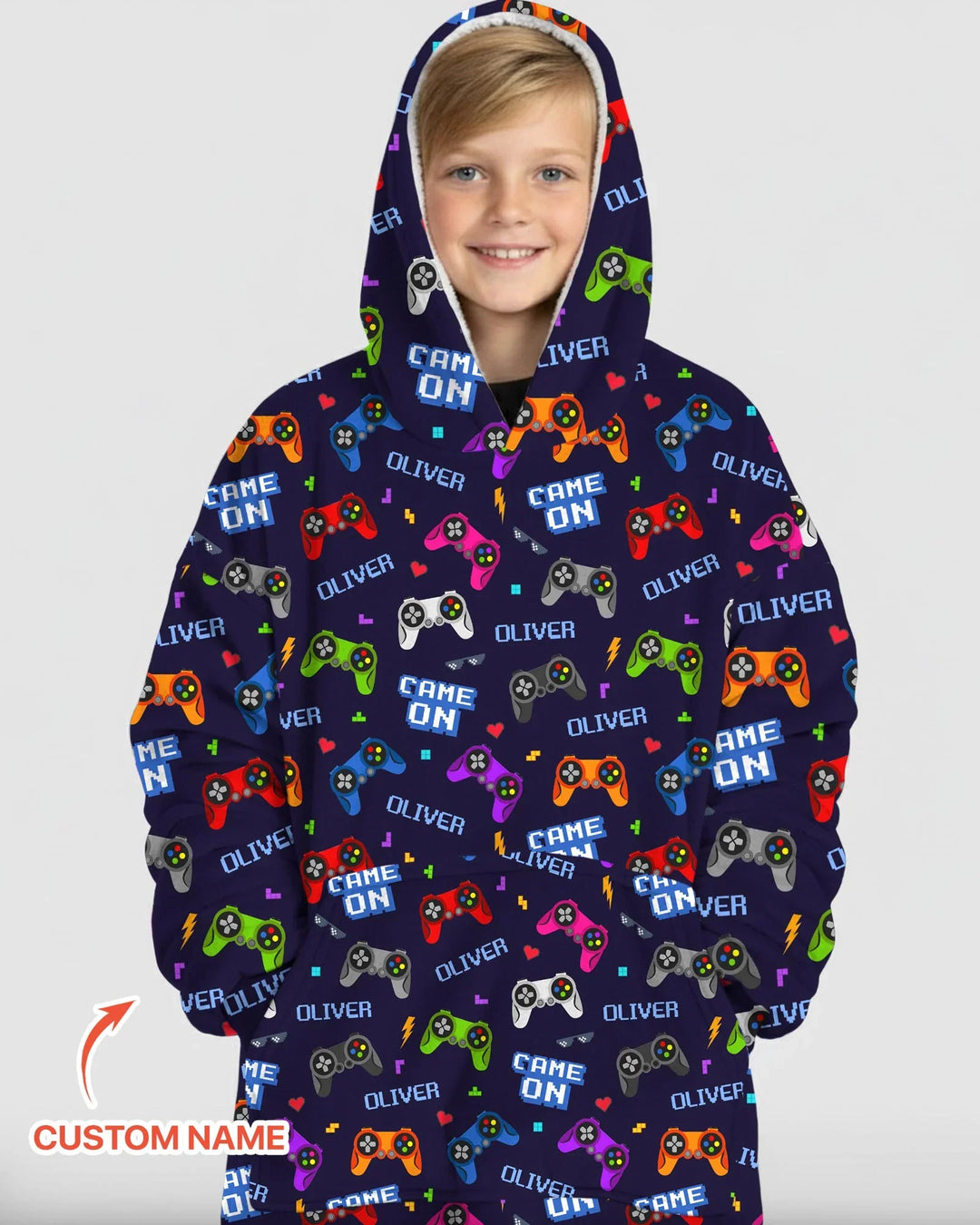 Sudadera con capucha y manta de bambú a juego para la familia con nombre personalizado "Game On"