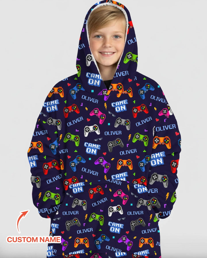 Sudadera con capucha y manta de bambú a juego para la familia con nombre personalizado "Game On"